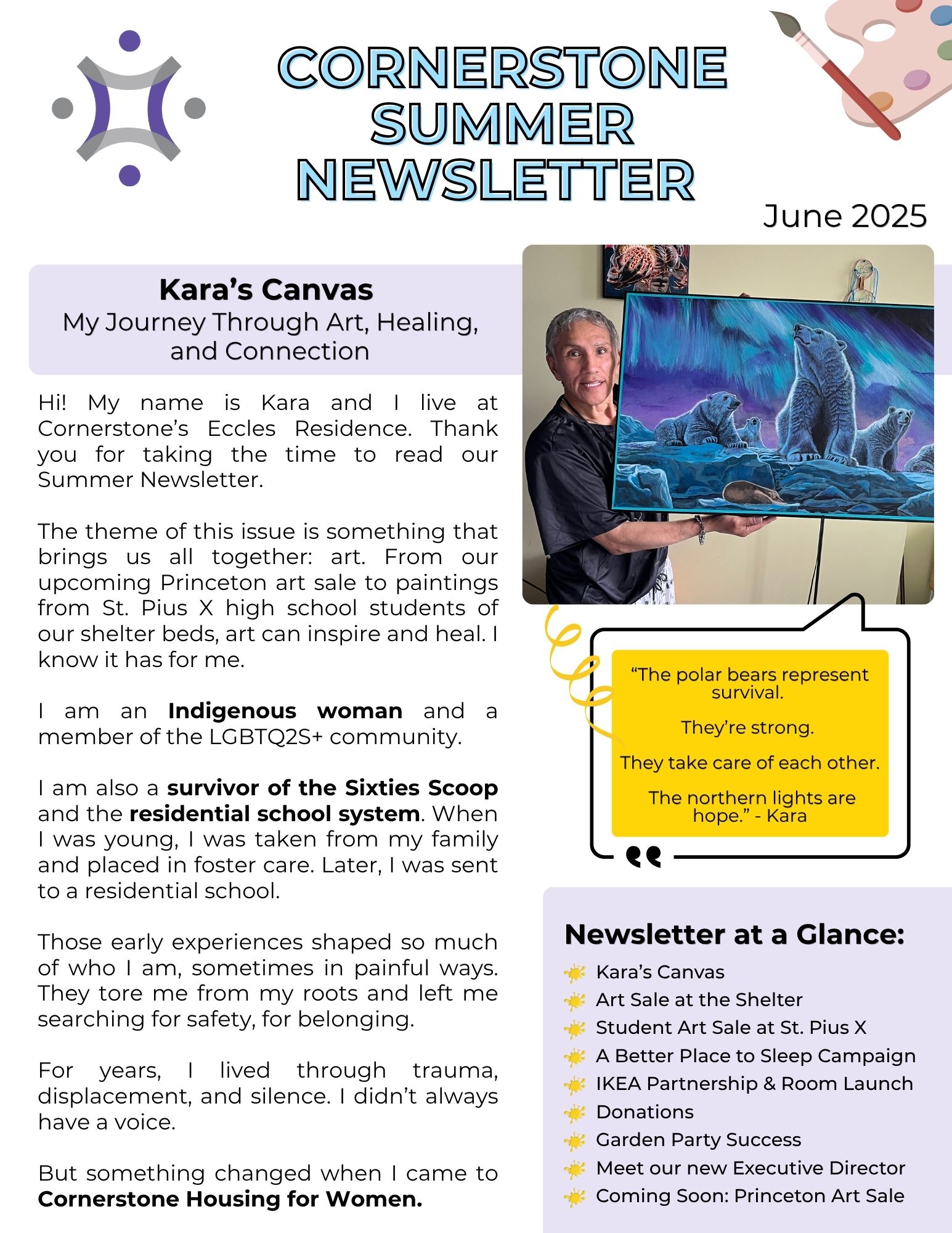 The cover page of Cornerstone Housing for Women’s Summer 2025 Newsletter. The title reads “CORNERSTONE SUMMER NEWSLETTER – June 2025