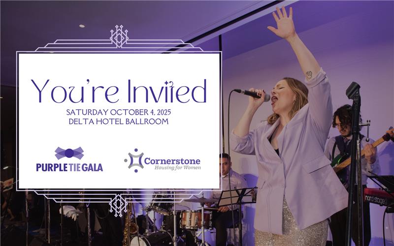 A vibrant promotional banner for Cornerstone Housing for Women’s 2025 Purple Tie Gala