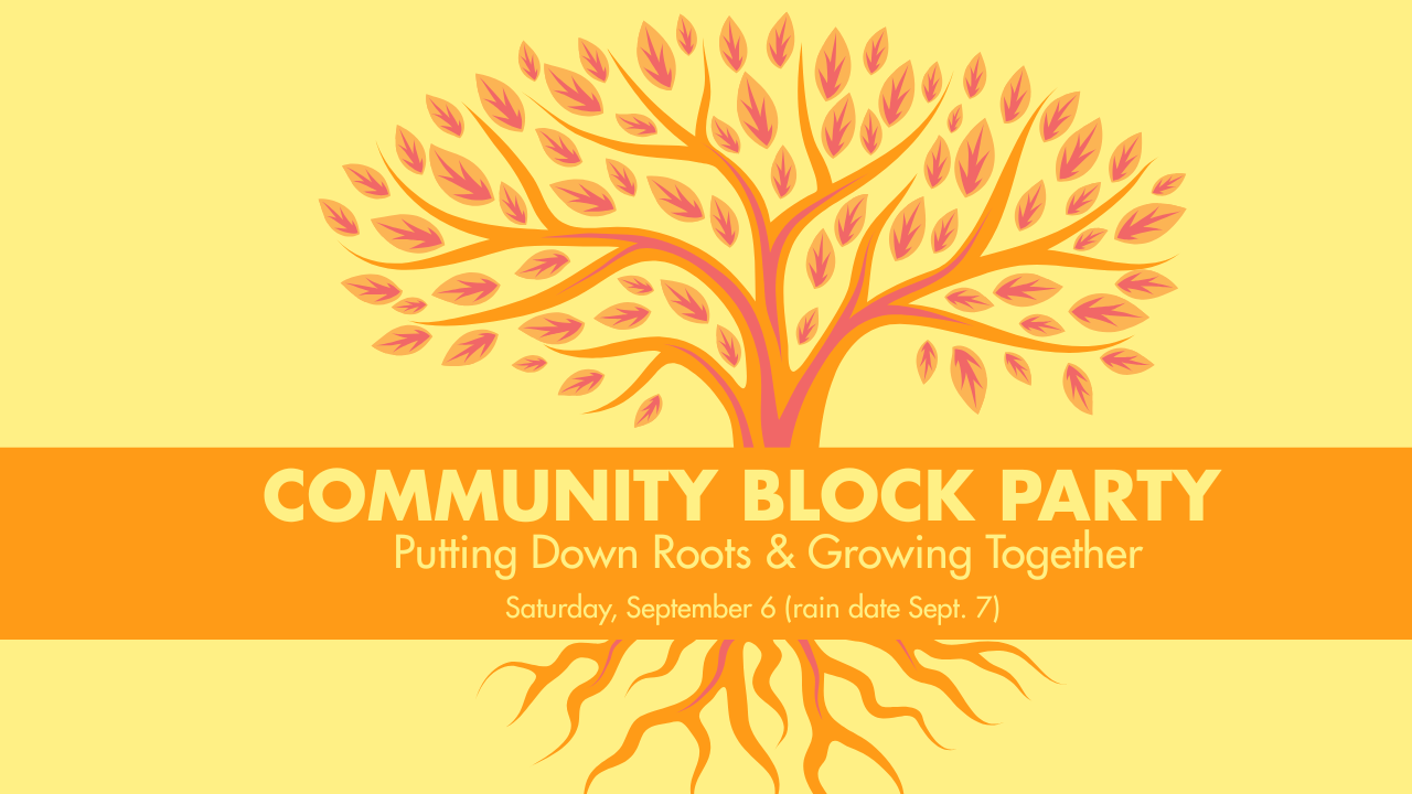 Eccles Community Block Party Poster with a Tree in the Background over a yellow backdrop