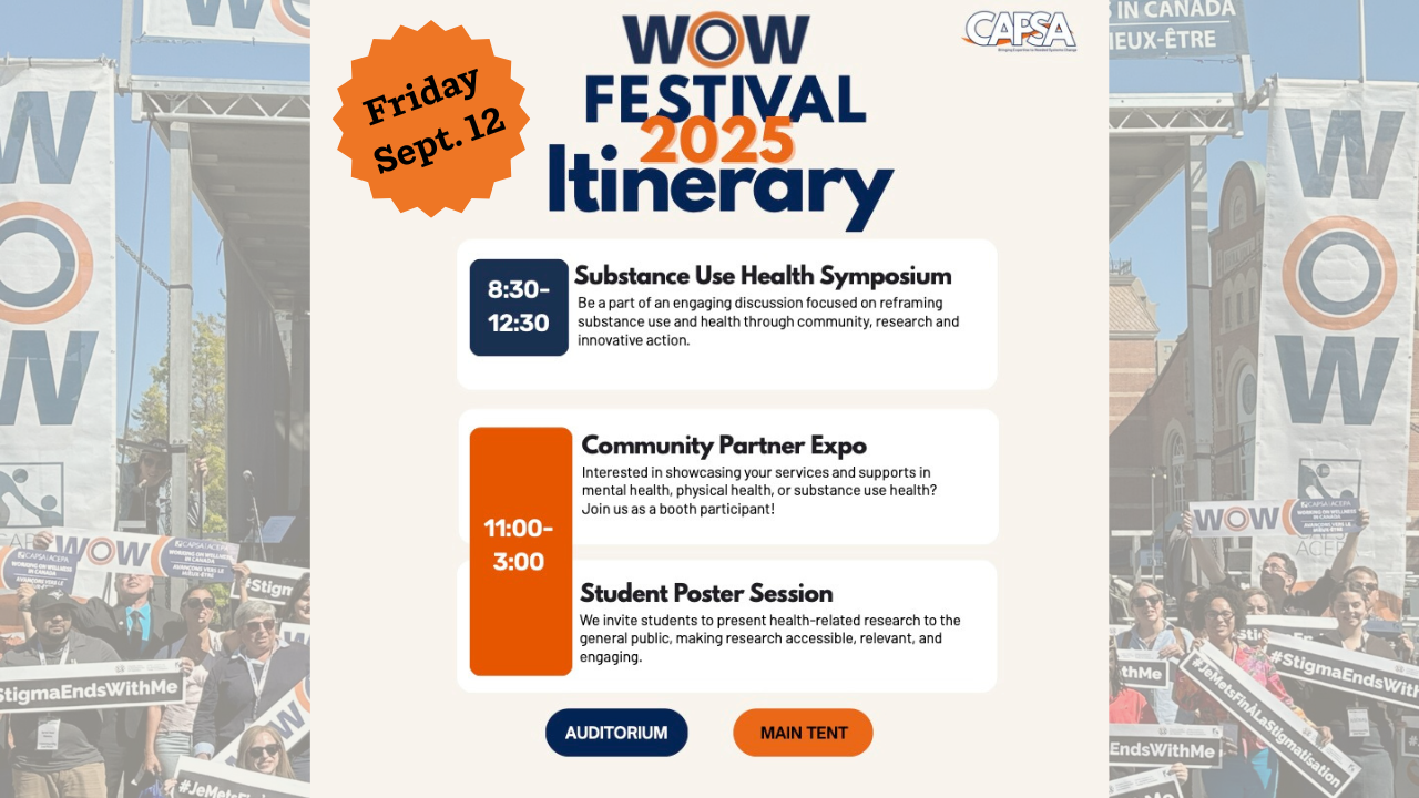Schedule for WOW Festival 2025: Substance Use Health Symposium 8:30–12:30 (Auditorium), Community Partner Expo 11:00–3:00 (Main Tent), and Student Poster Session 11:00–3:00 (Main Tent)