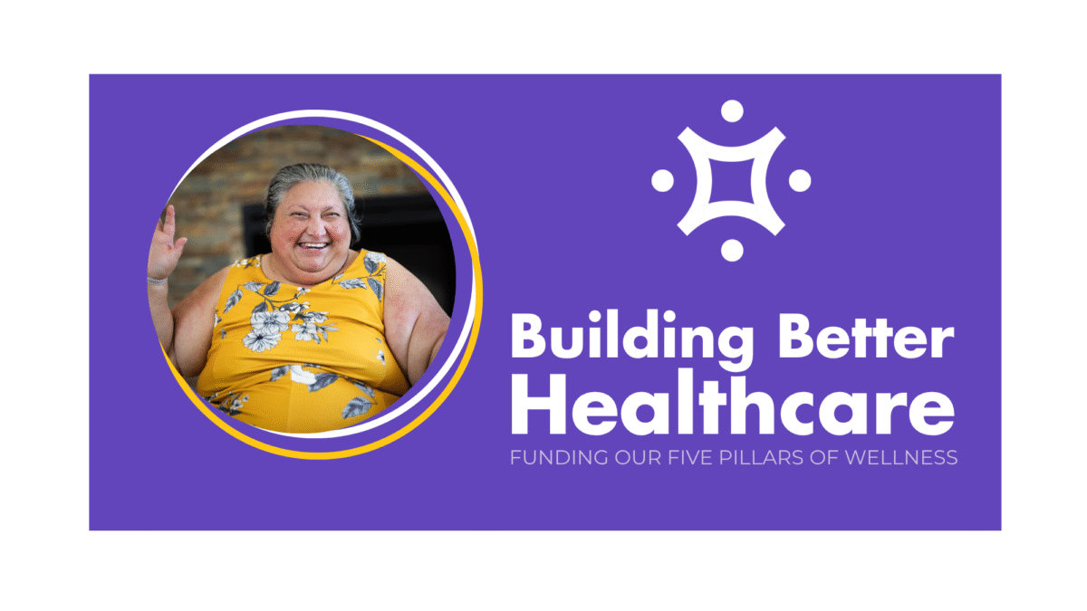 News Article Photo of Anna with text Building Better Healthcare and a purple background showing funding five pillars of wellness