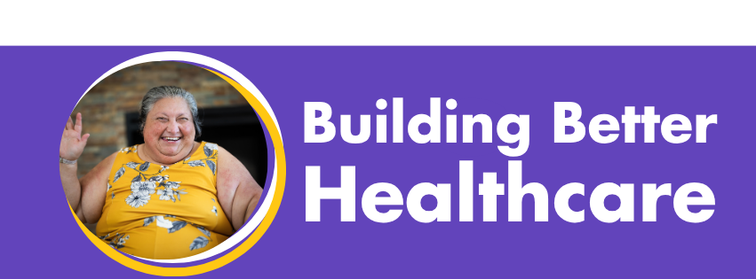 Photo of Anna with text Building Better Healthcare and a purple background