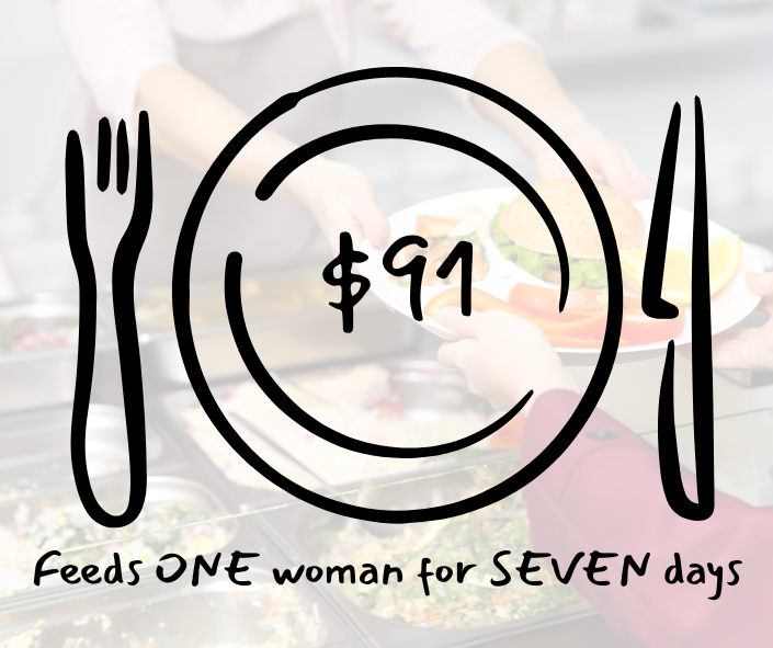 Graphic showing a plate and spoon with $91 feeding a woman for 7days