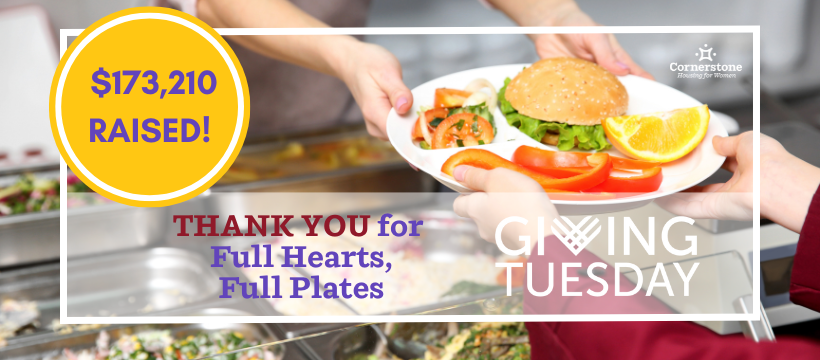 Image shows a plate of food being handed over the counter. The plate containing burger tomatoes orange and sliced peppers. Text shows $173,000 riased towards giving Tuesday campaign
