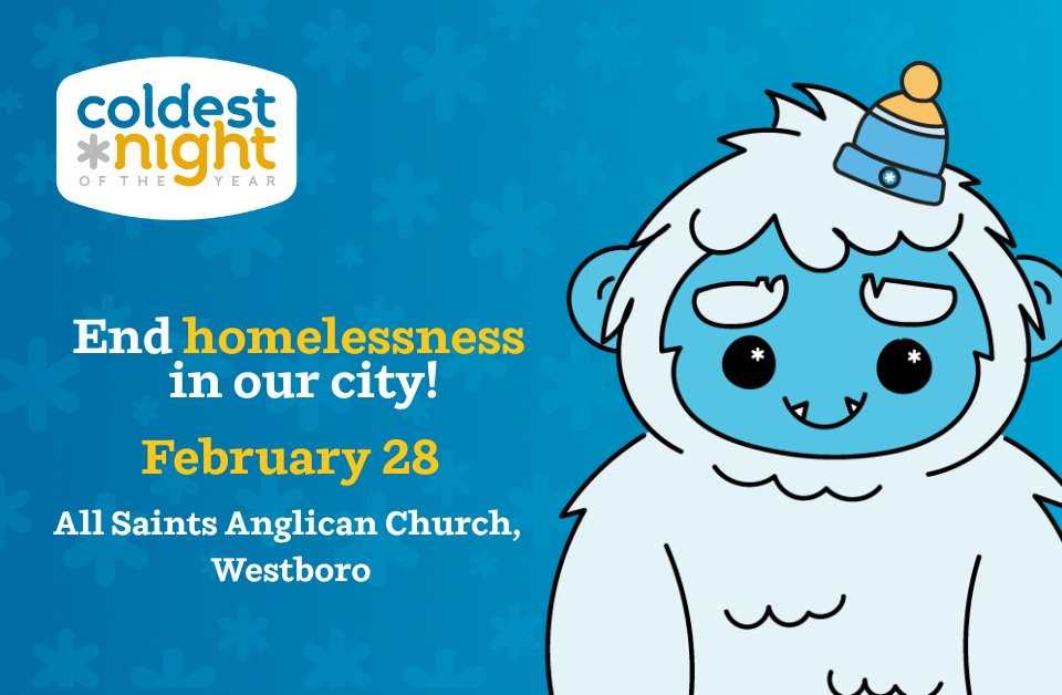 Coldest Night of the year logo with text Walk to end homelessness in our city February 28, 2026 All Saints Anglican Church, Westboro and photo of a Yeti