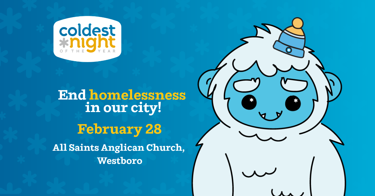 Coldest Night of the year logo with text Walk to end homelessness in our city February 28, 2026 All Saints Anglican Church, Westboro and photo of a Yeti