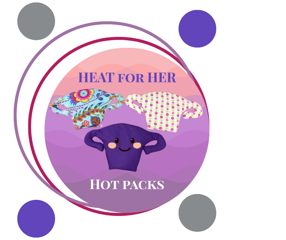 Photo with heat waves background in peach and purple with heat for her text hot packs showing the photos of uterus sized handmade heat packs filled with rice.
