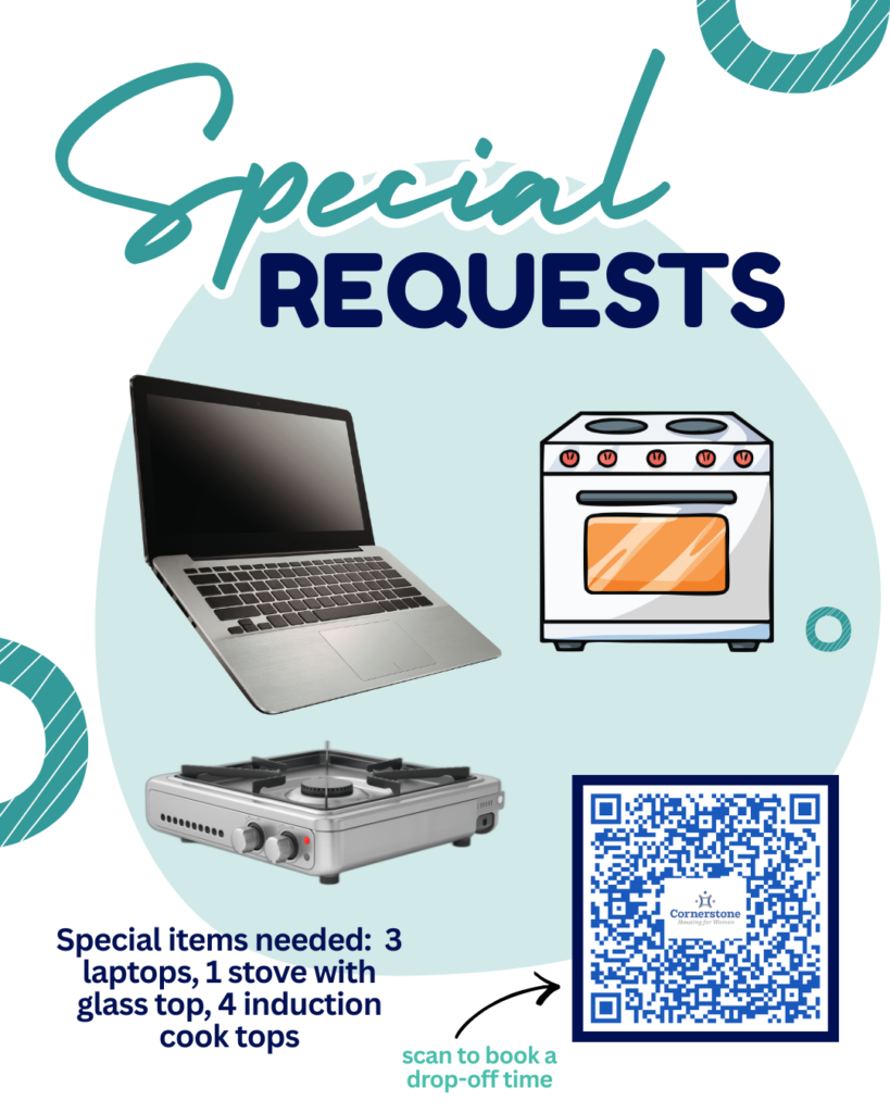 Special wishlists showing images of the need for Laptops (3) for resident programming and access to online services 1 Oven with glass top 4 Induction cook tops